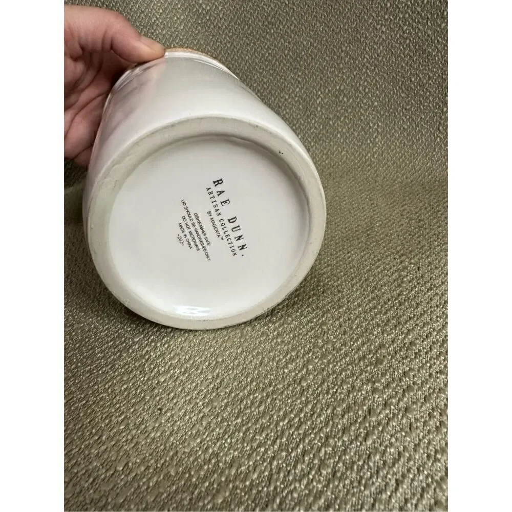 Rae Dunn TEA Cellar Canister Storage Ivory Brown Wood Lid Farmhouse 7” X 4”